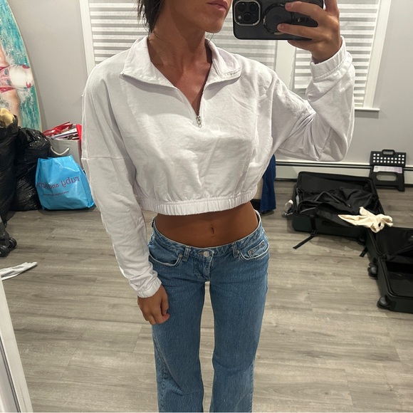 refuge Tops - Refuge Athletics White 3/4 Zip Cropped Pullover